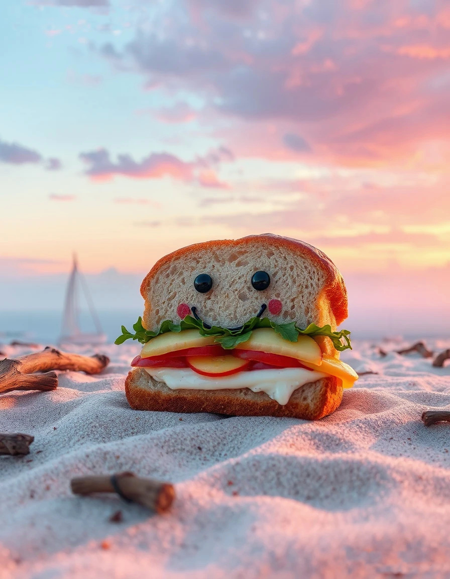 Sami the sourdough sandwich walking along the beach at sunset