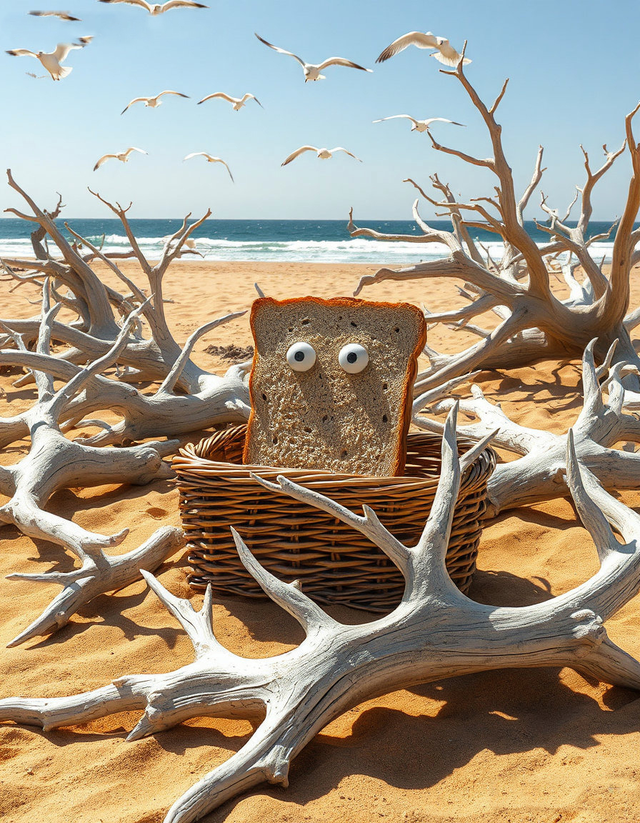 Sami the sourdough sandwich in a picnic basket surrounded by bleached driftwood on the beach, gulls overhead