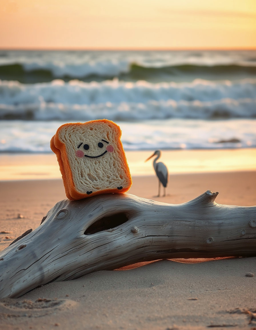 Sami the sourdough sandwich sitting contentedly on a driftwood log at sunset, a heron in the background